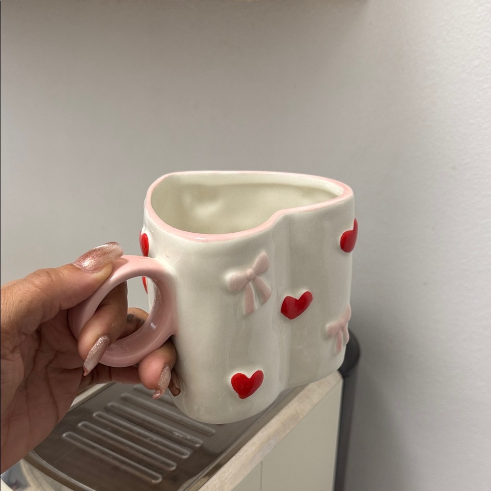 Heart-Shaped Mug with Red Hearts and Pink Handle